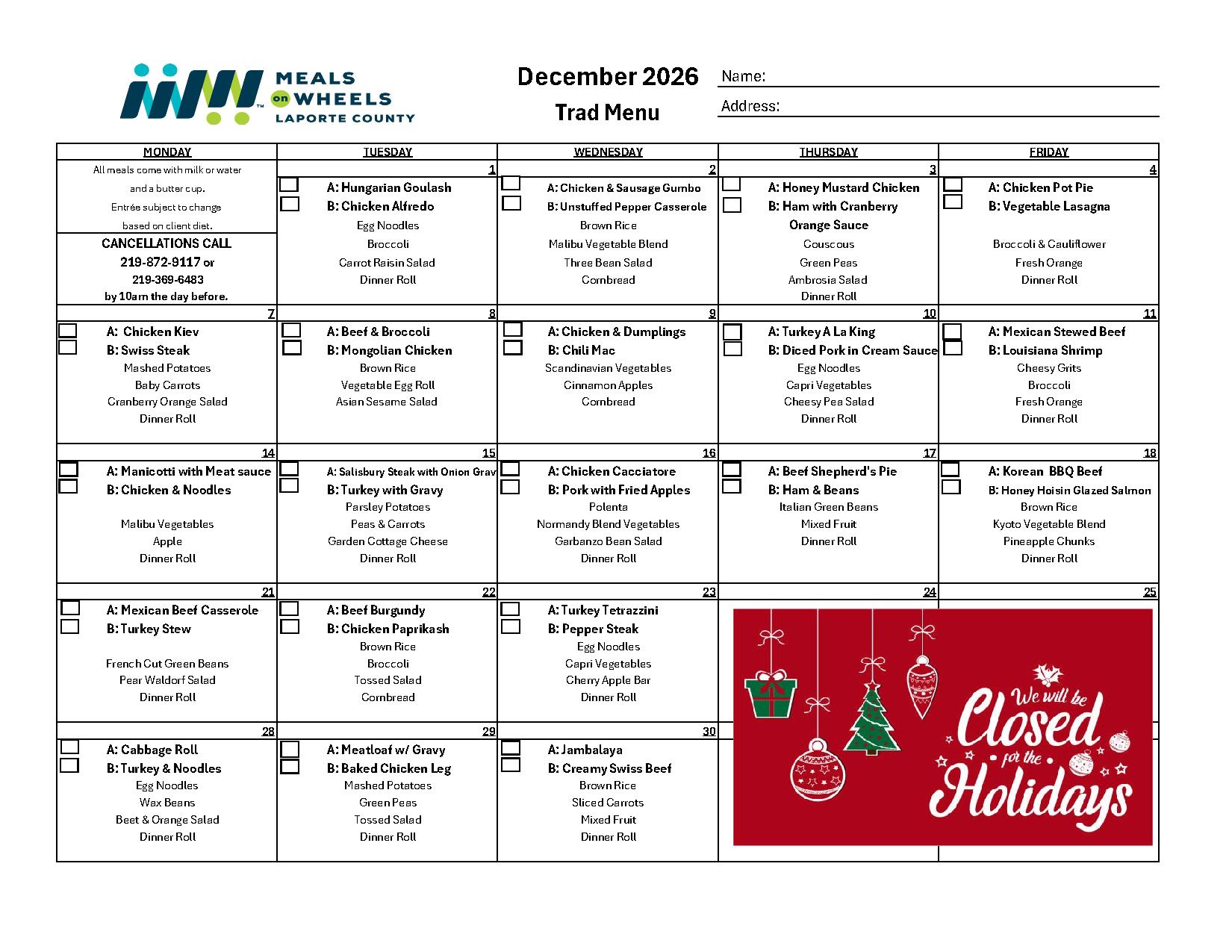 December 2026 Traditional Menu preview