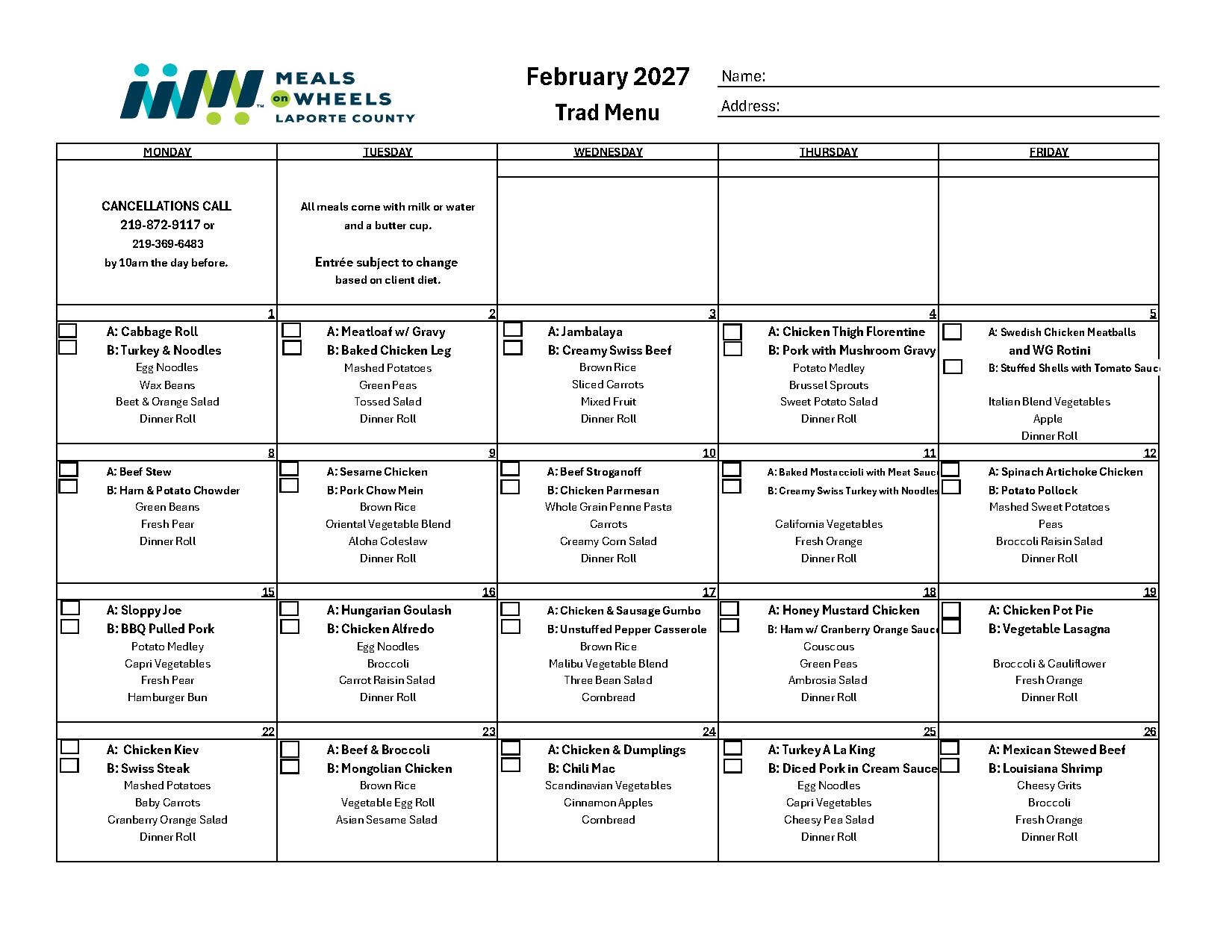 February 2027 Traditional Menu preview