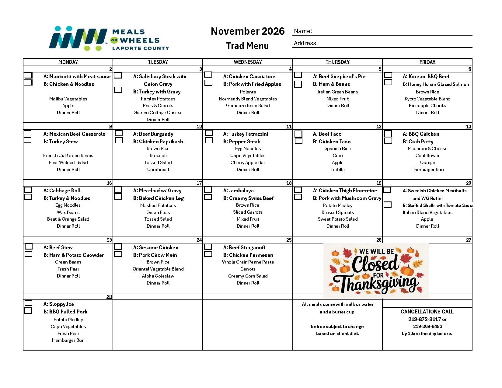 November 2026 Traditional Menu preview