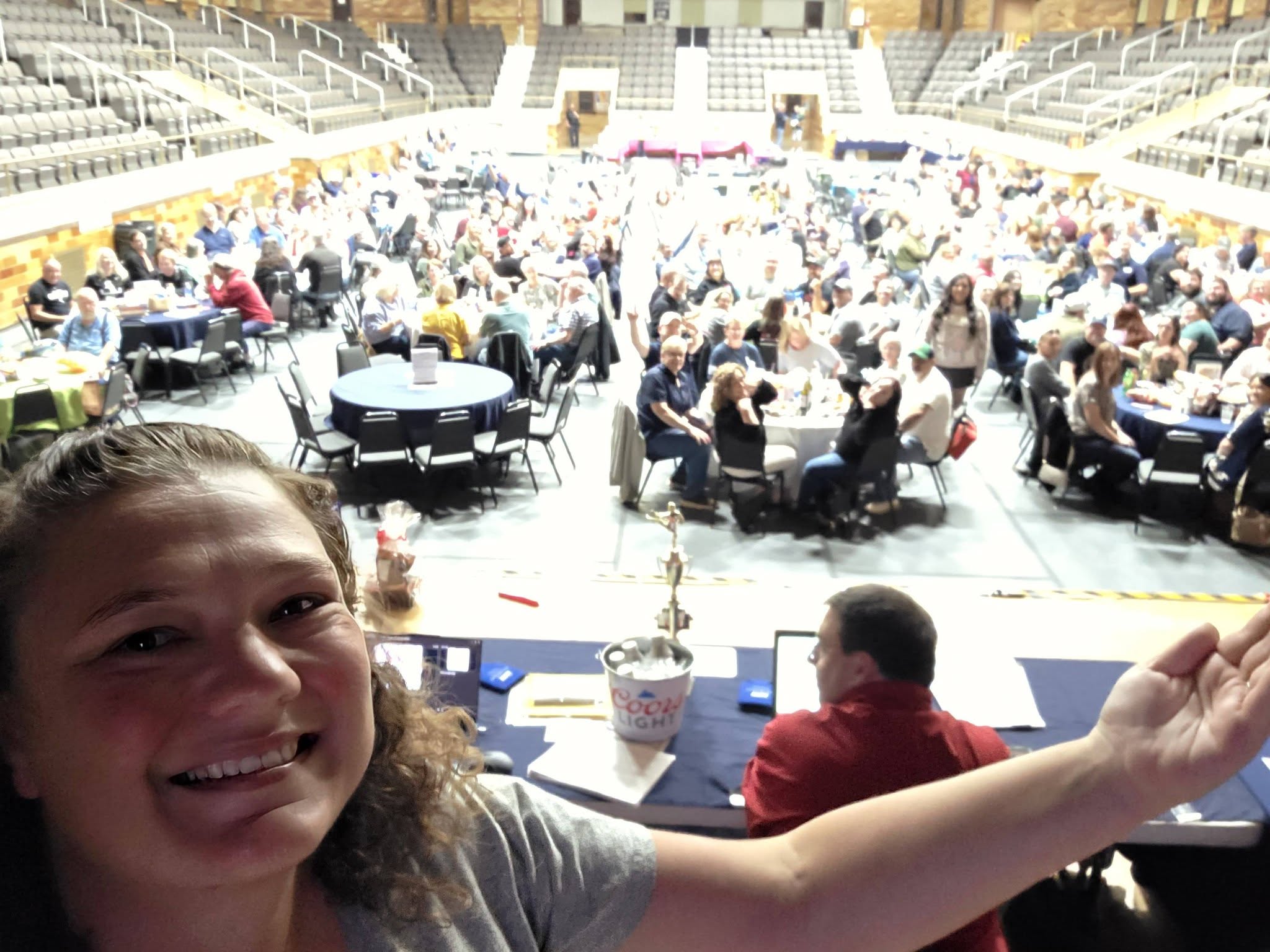 Selfie from the stage showing the packed crowd at Trivia Through the Decades
