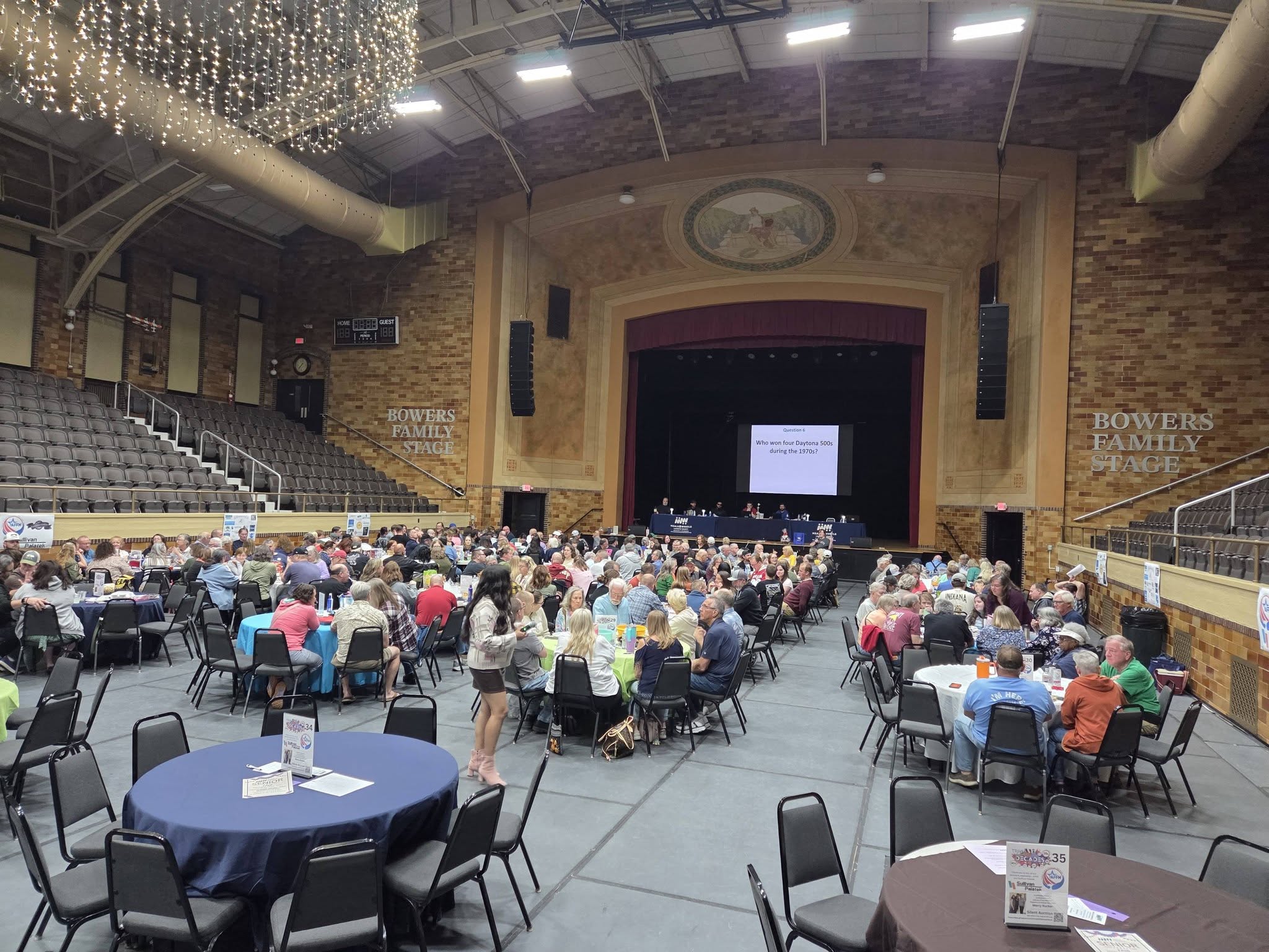 Wide view of the packed LaPorte Civic Auditorium during trivia